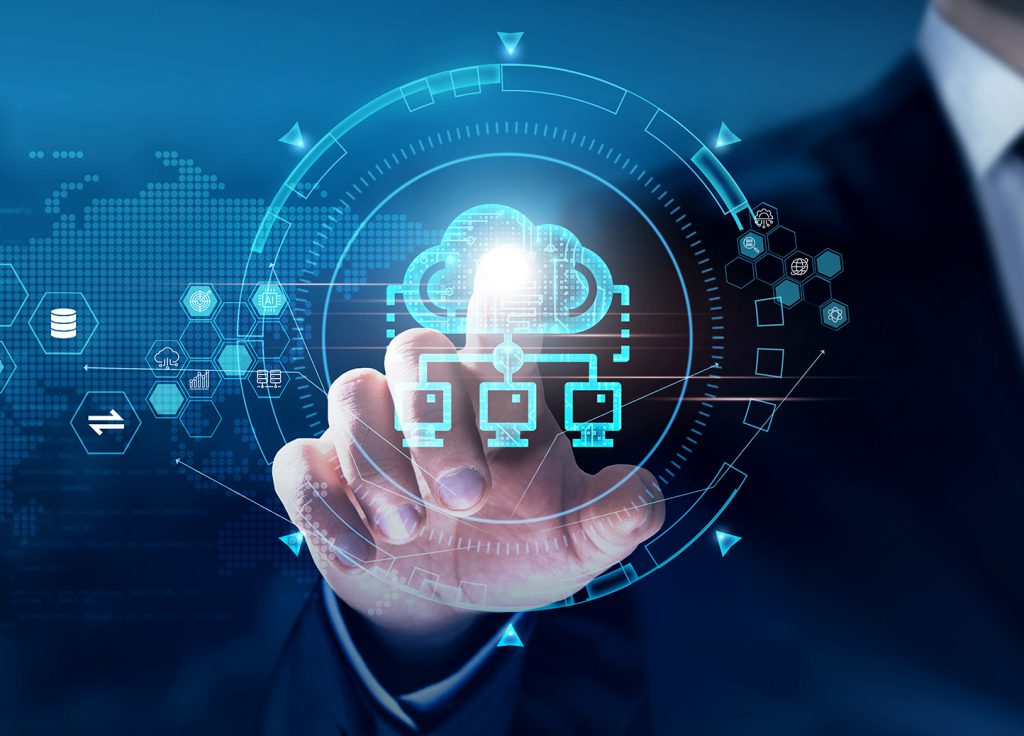 Business Mans hand touching a tech cloud connected to a technology transfer