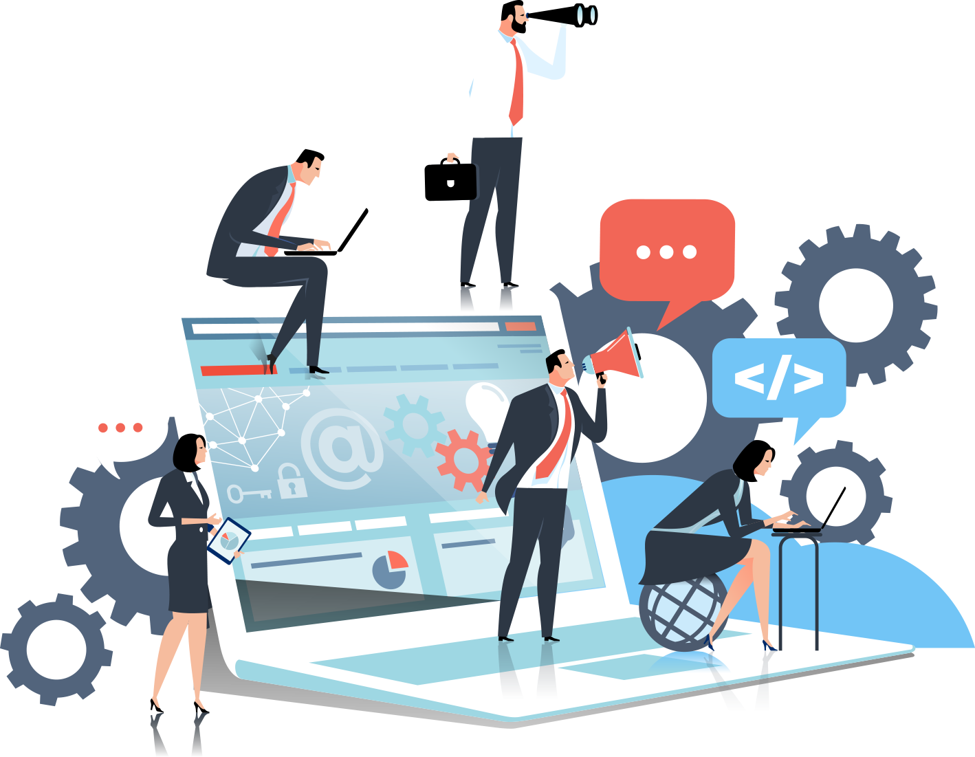 Execute graphic with a consultant coding a smart business solution on a laptop in the cloud