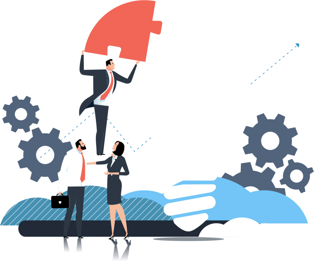 Vision graphic with business consultants piecing together the final puzzle piece in an idea represented by a lightbulb