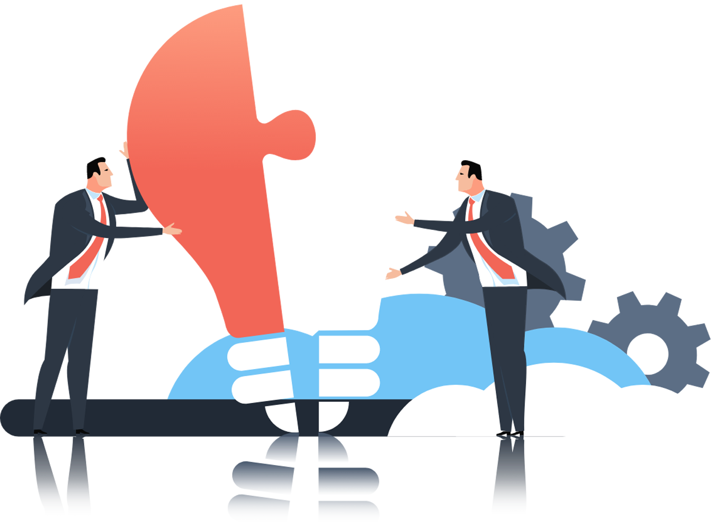 Vision graphic with business consultants piecing together the final puzzle piece in an idea represented by a lightbulb