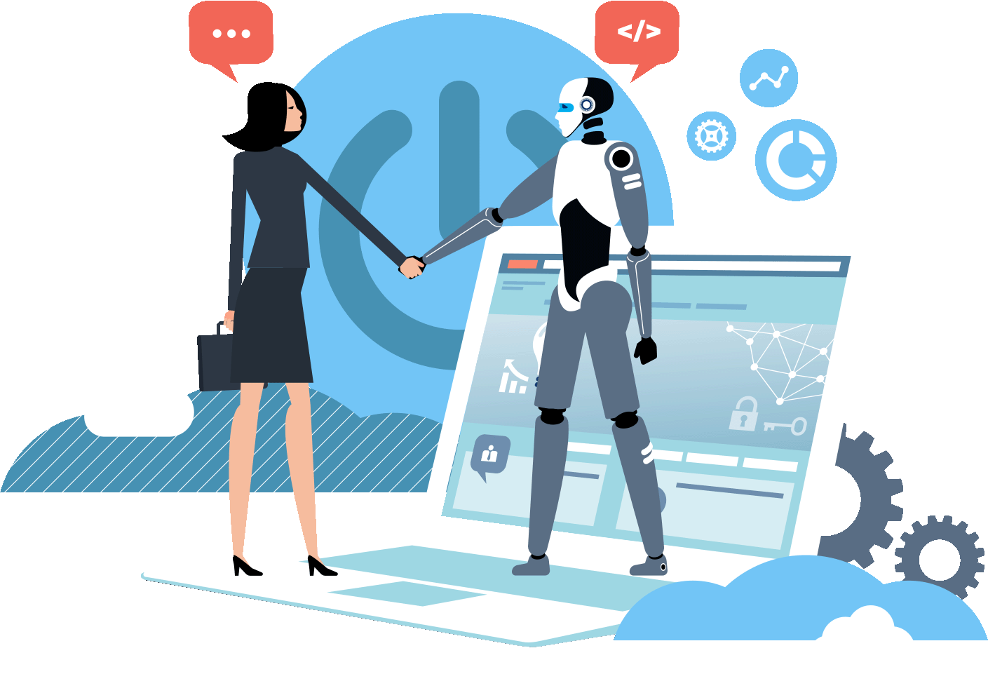 Ai Technology a robot meeting a business woman