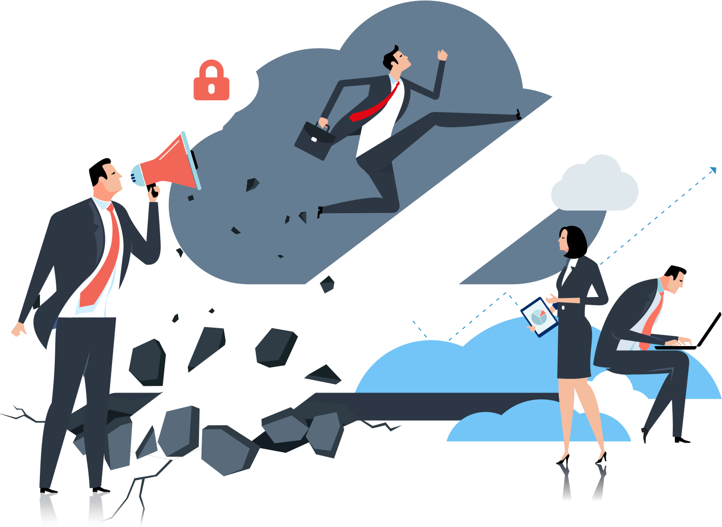 Change Management illustration of business people guiding a business break through the ground with an up arrow representing growth and change