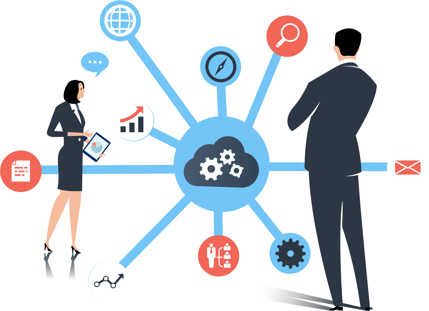 Edge Applications & Integration a hub with two office workers analyzing it