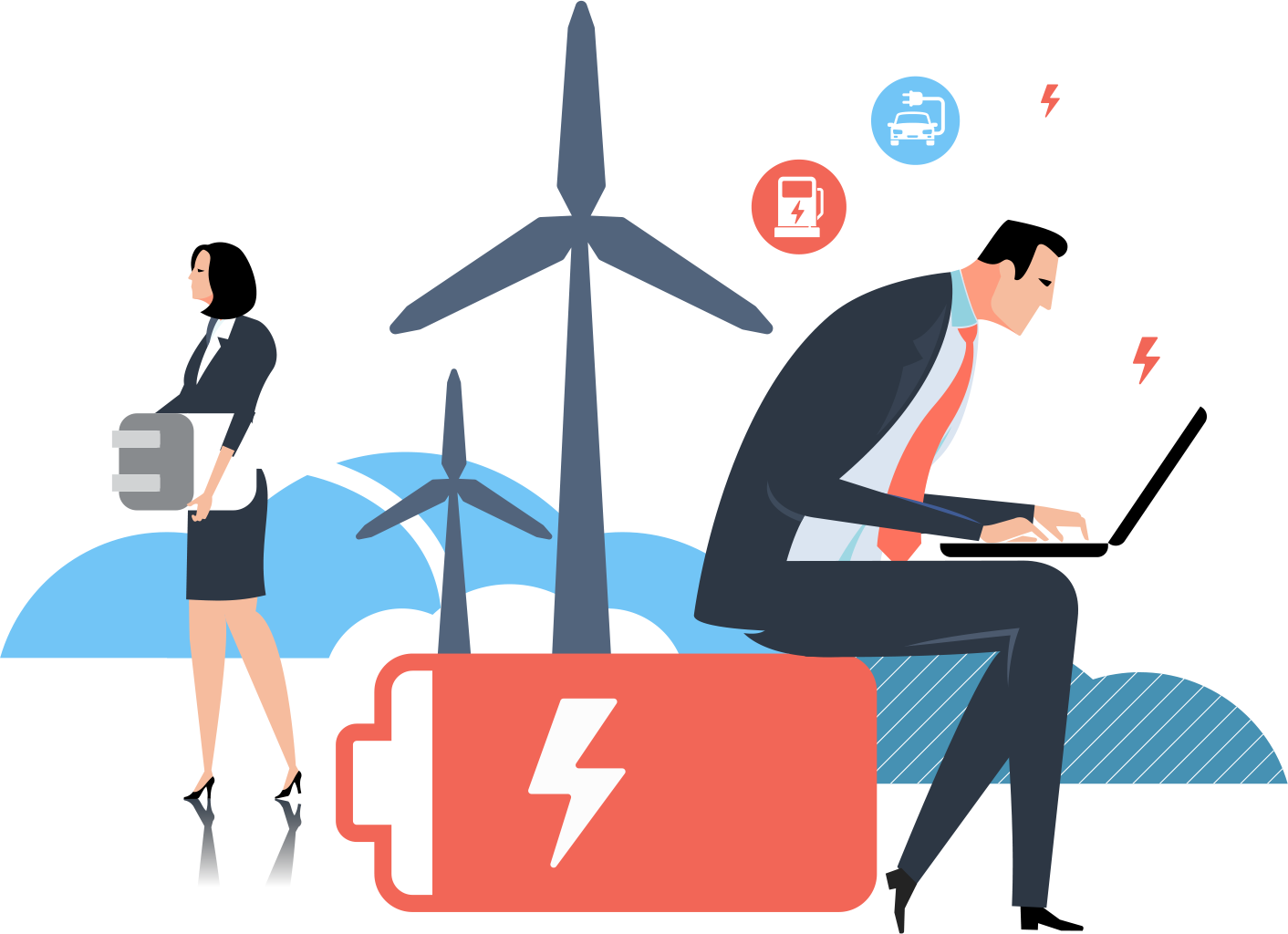 Renewable Energy & Clean Transportation woman plugging into a battery, man managing new ev tech