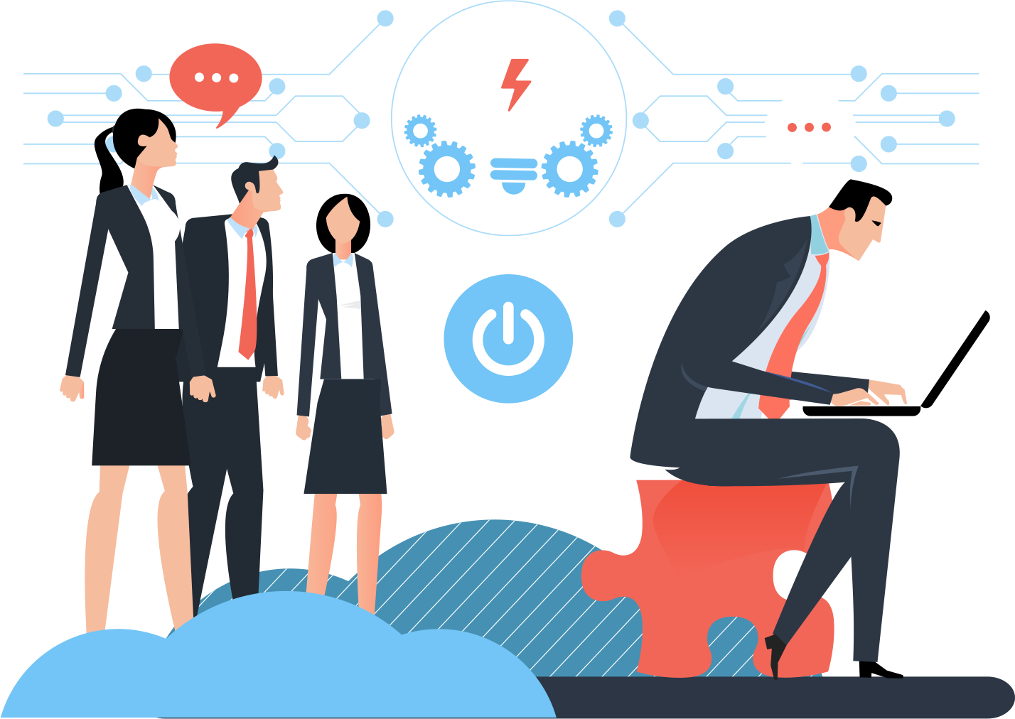 Strategic Advisory and data migration illustration with business people watching and contributing to the process on laptops and tracking charts