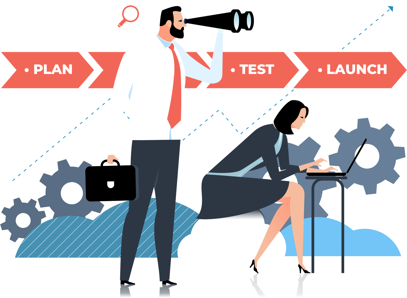 Test business man and woman working to make sure everything is working on a test