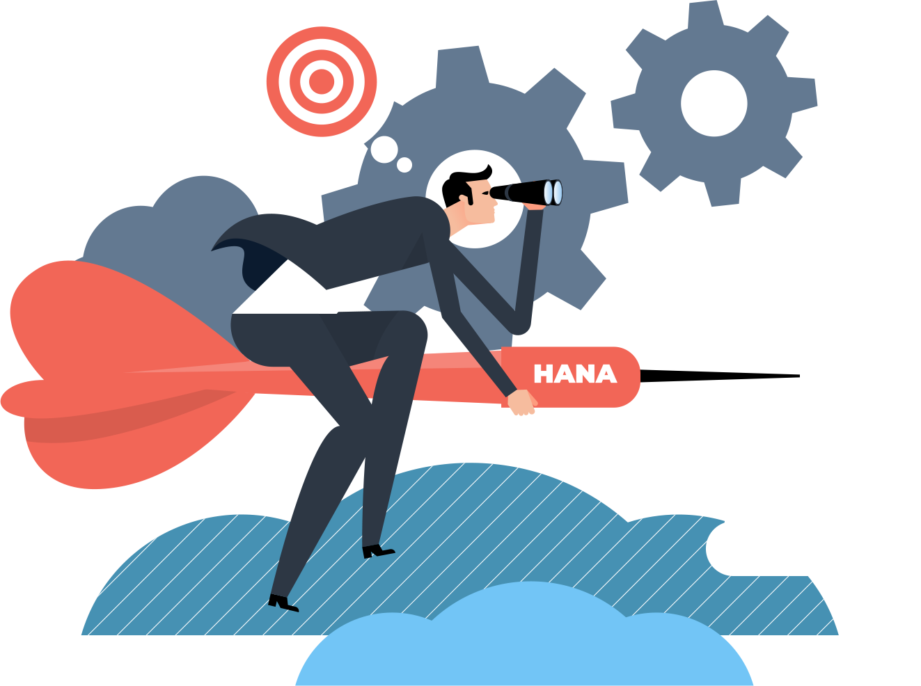 Upgrade to S/4 HANA business man on a dart heading to the center of a HANA upgrade
