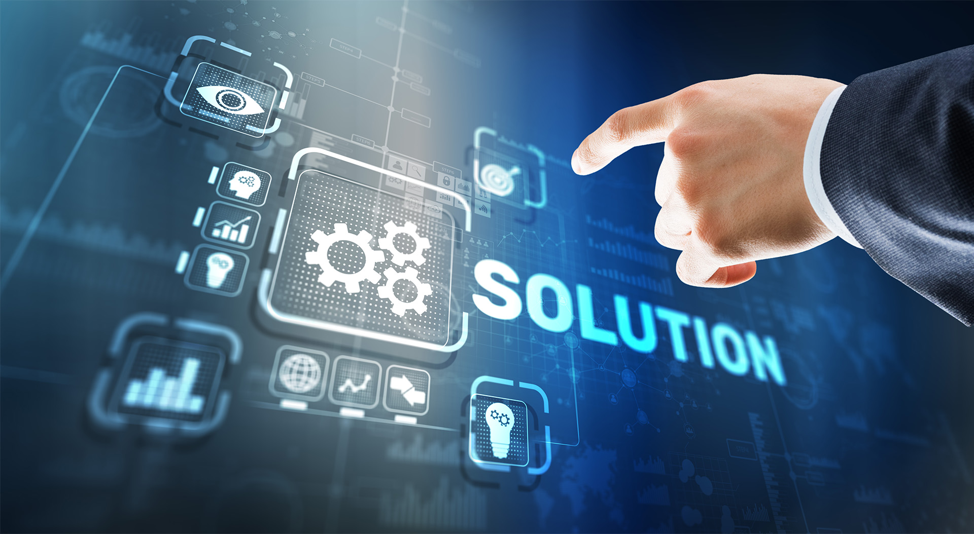 Business mans hand pointing at a technology solution